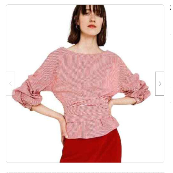 Zara Red & White‎ Striped Puff Sleeve Wrap Career Workwear Business Blouse Med - Picture 1 of 7